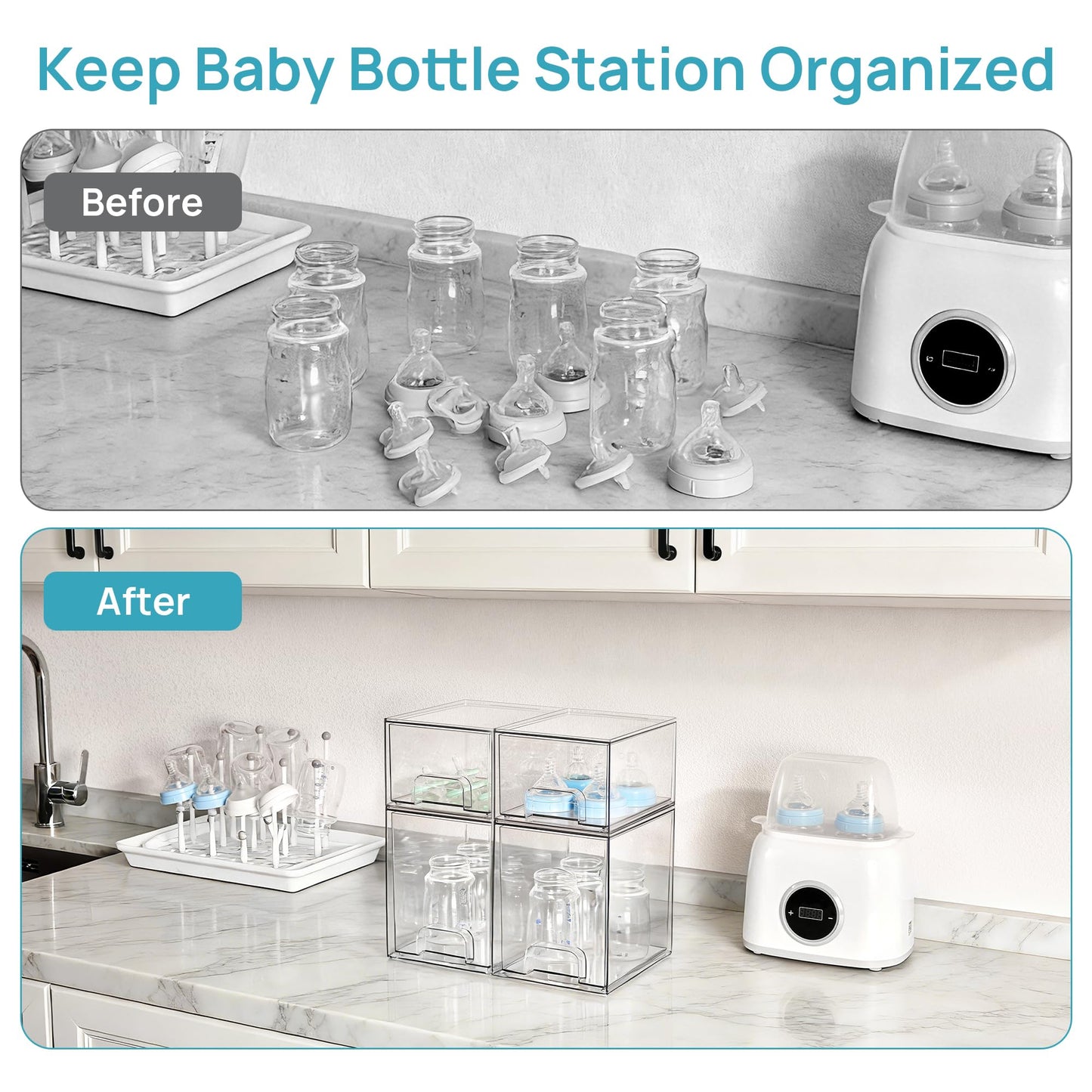 Vtopmart 4 Pack Baby Bottle Organizer Set, Stackable Storage Drawers Ideal for Kichen Countertop, Vanity, Bathroom, Cabinet, Pantry Organization