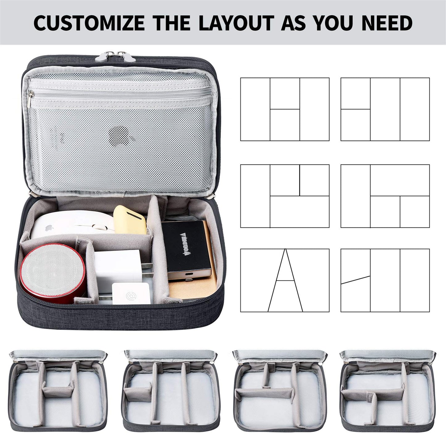 mygreen Electronic Accessories Organizer Bag, Waterproof Double Layer Travel Storage Case with Adjustable Padded Dividers, Portable Hard Pouch for Cables, Charger, Power Bank, Phone, Hard Drive Black
