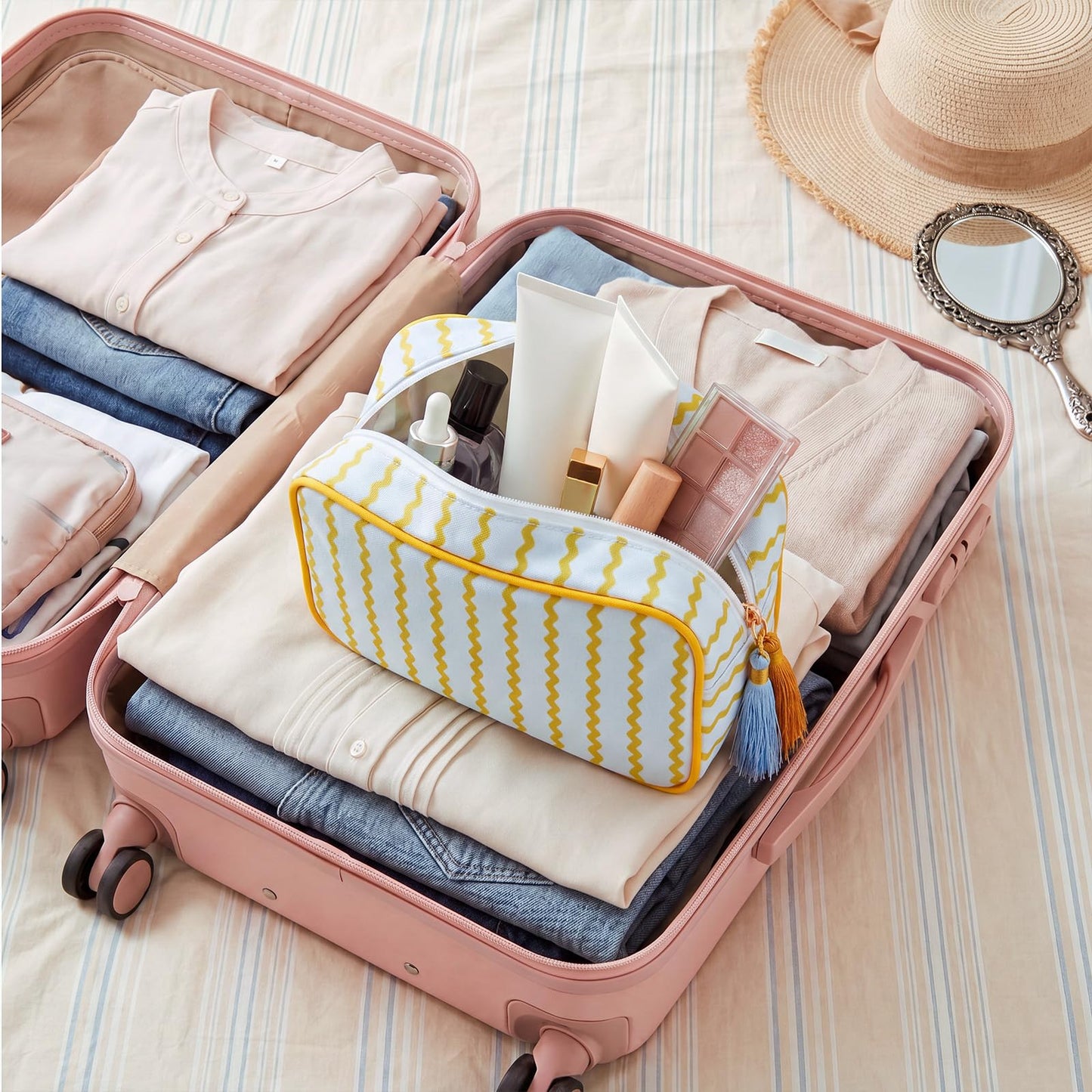 Kacctyen 6 Pack Mustard Yellow and Sage Green Striped Makeup Bag bulk with Tassel Travel Cosmetic Pouch Organizer Large Zipper Toiletry Case for Women Aesthetic Storage Pouch Mahjong Tile Bag
