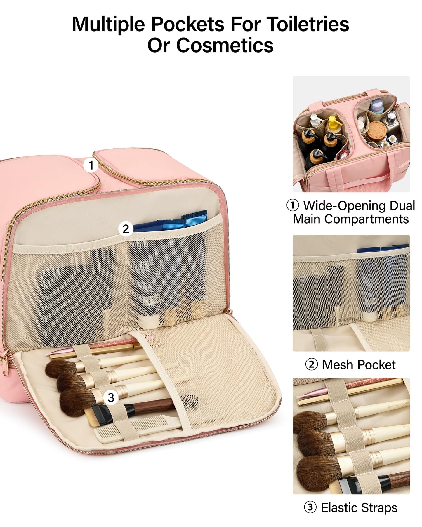 Hanke Travel Toiletry Bag, Lightweight Wide-open Large Toiletry Bags for Women, Dual-Layer Makeup Bag Water-Resistant Cosmetic Travel Bag with Handle for Accessories, Essentials, Pink