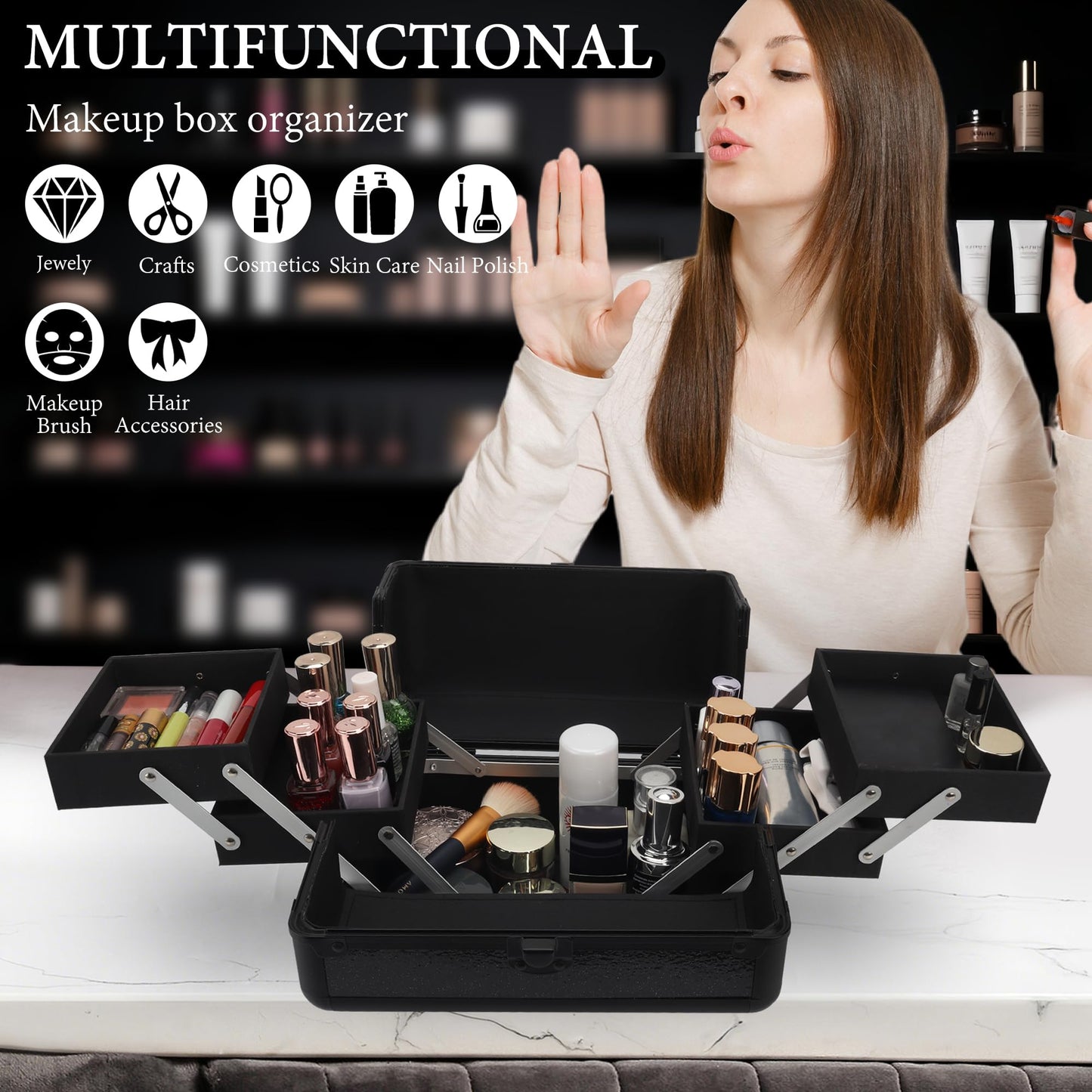 HAISKY Makeup Train Case, 10.2 in Hard Vanity Makeup Box Organizer, Starry Black Cosmetic Organizer Case with 4 Trays, Lockable Portable Makeup Artist Travel Case for Nail Tech Supplies