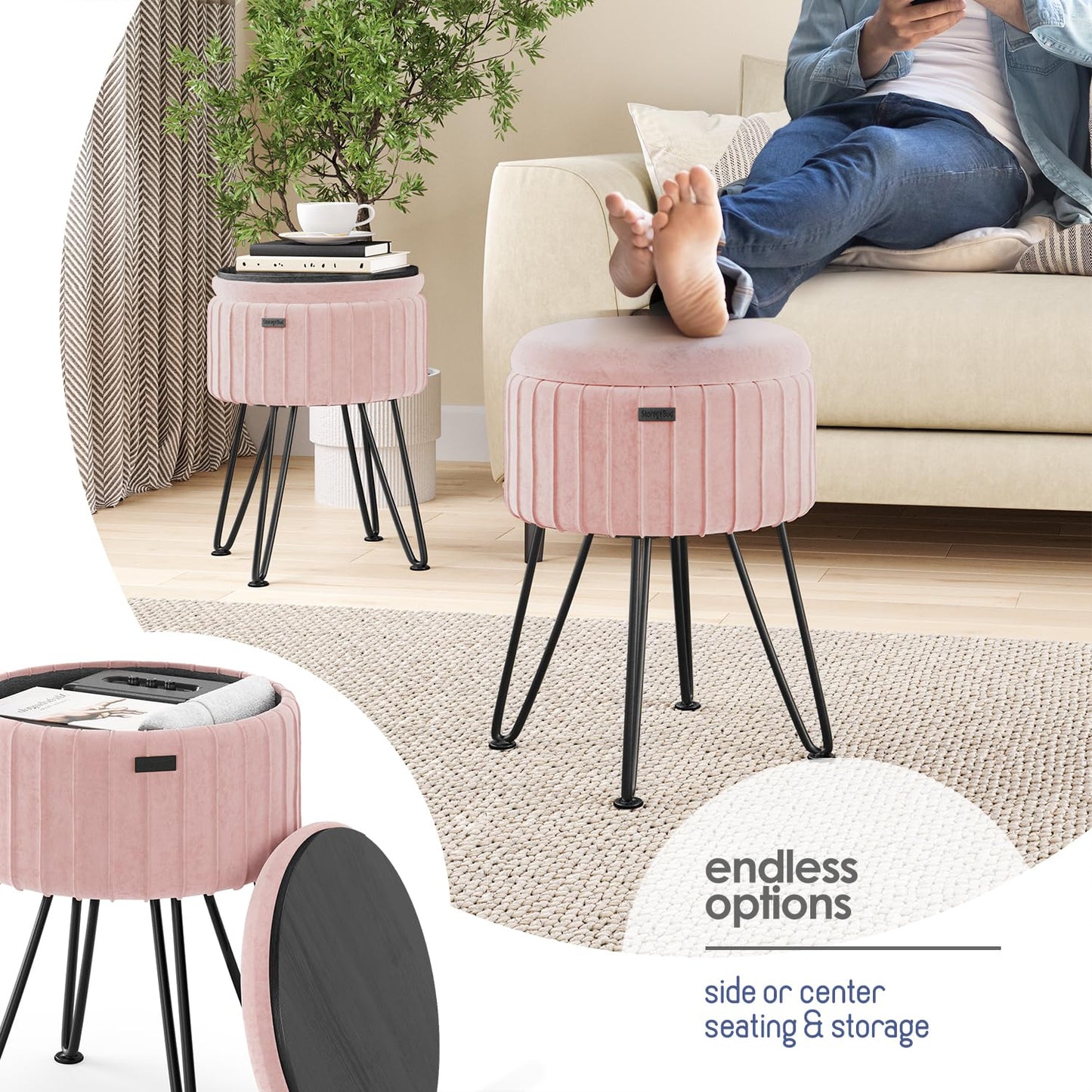 STORAGEBUD Round Ottoman with Storage, Pleated Velvet Storage Ottoman, Foot Stool Ottomans, Makeup Vanity Stool, Small Ottomans Foot Rest, Modern Vanity Stools for Living Room and Bedroom, Pink