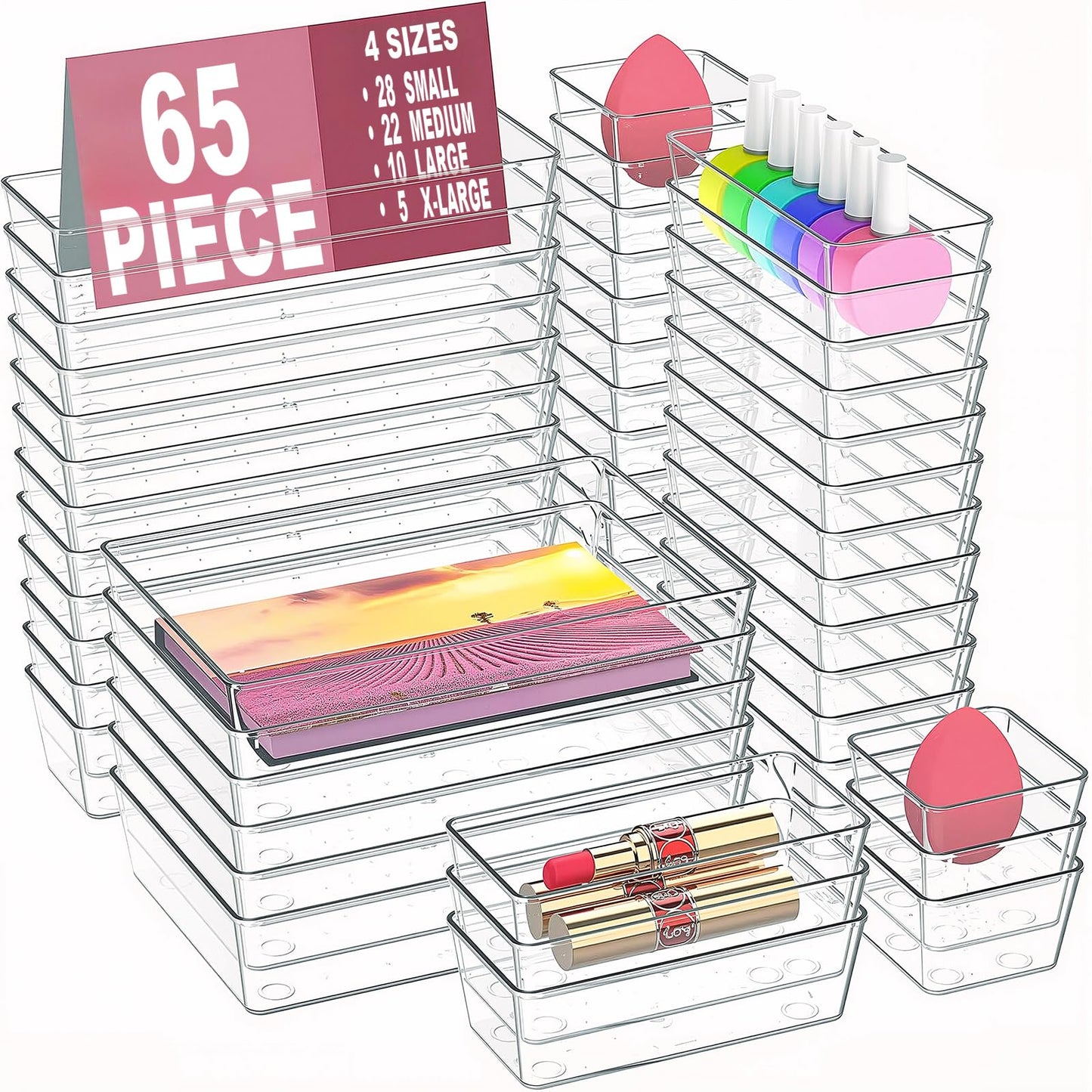 Manalete Drawer Organizers Set of 65, 4 Sizes Clear Plastic Drawer Organizers and Storage Bins for Kitchen, Bathroom, Office, Dresser Desk Drawer Organizer Tray for Jewelry, Makeup, Junk, Gadgets