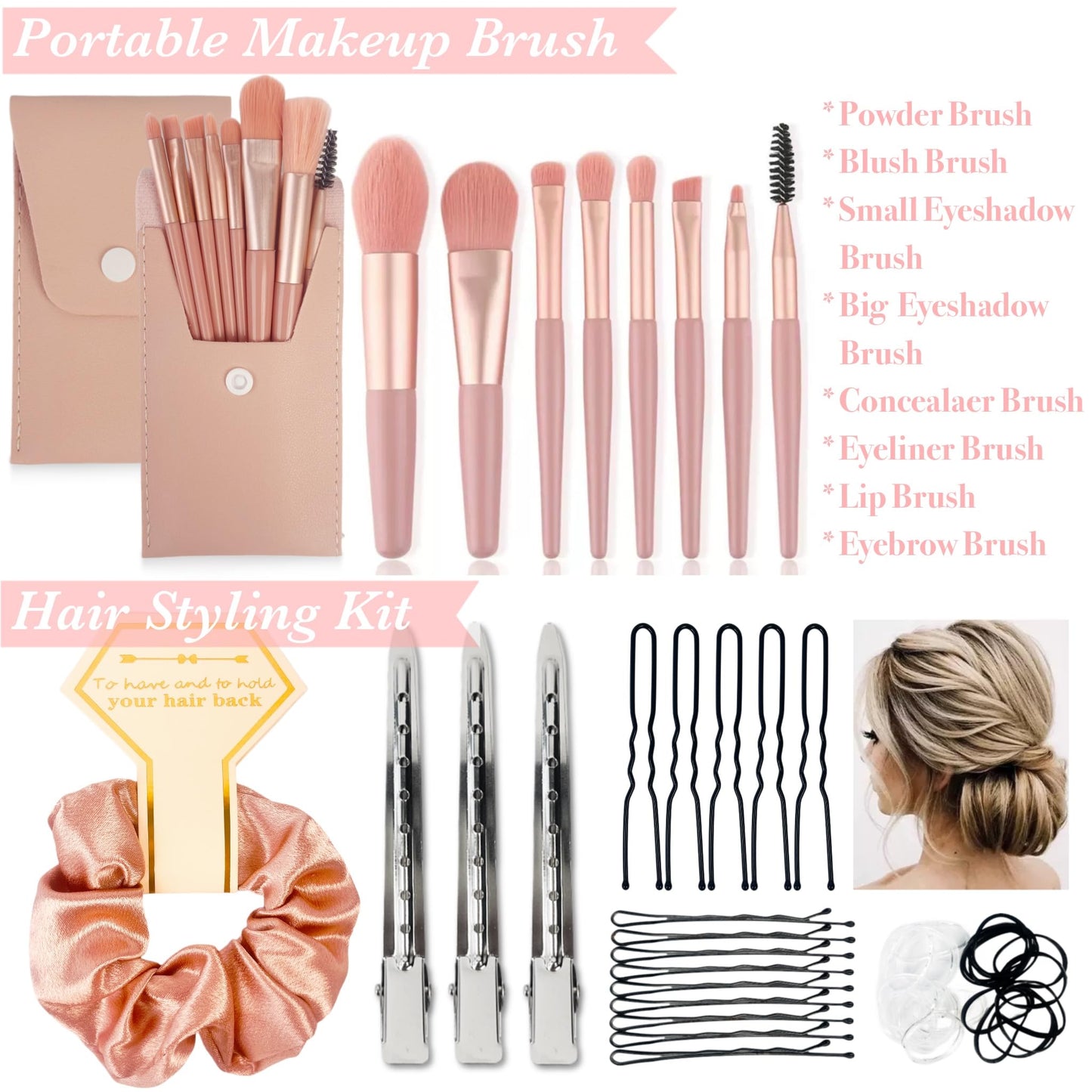 Women's Wedding Emergency Travel Kit 45 Essential Items for Brides Bridesmaid All-In-One Daily Beauty Style Set With Makeup Brushes (Sakura Pink)