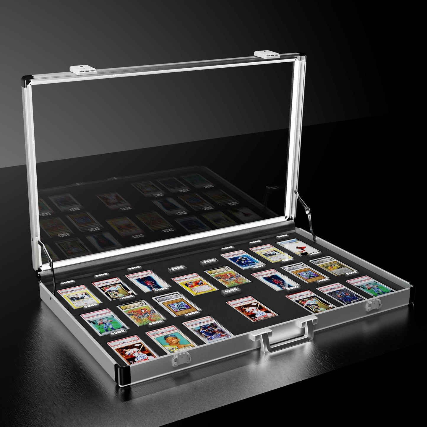 Aluminum Graded Card Show Display Case, LED Lights and Lockable for Graded Cards, Premium Trading Card Case for PSA Graded Pokemon Cards, Sports Card, CGC
