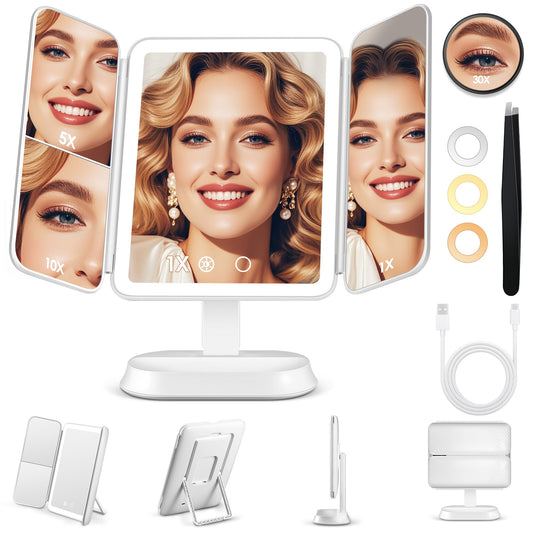 GOMIPURU Makeup Mirror with Lights and 30X/10X/5X Magnification, Detachable Vanity Mirror with 3 Colors Lights, Dimmable, Lighted Makeup Mirror with Magnification, Trifold Mirror for Travel Desk