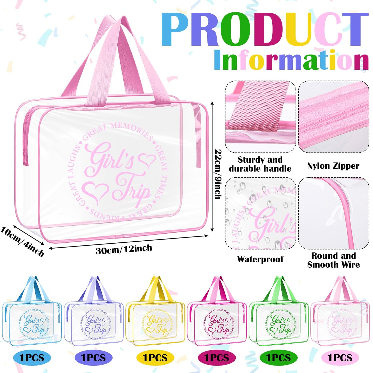 Sunnymove 6 Pcs Girls Trip Gifts Favors Large Clear Makeup Bags with Handle Zipper for Women Waterproof PVC Cosmetic Bag Gifts Set for Women, Sister, Colorful