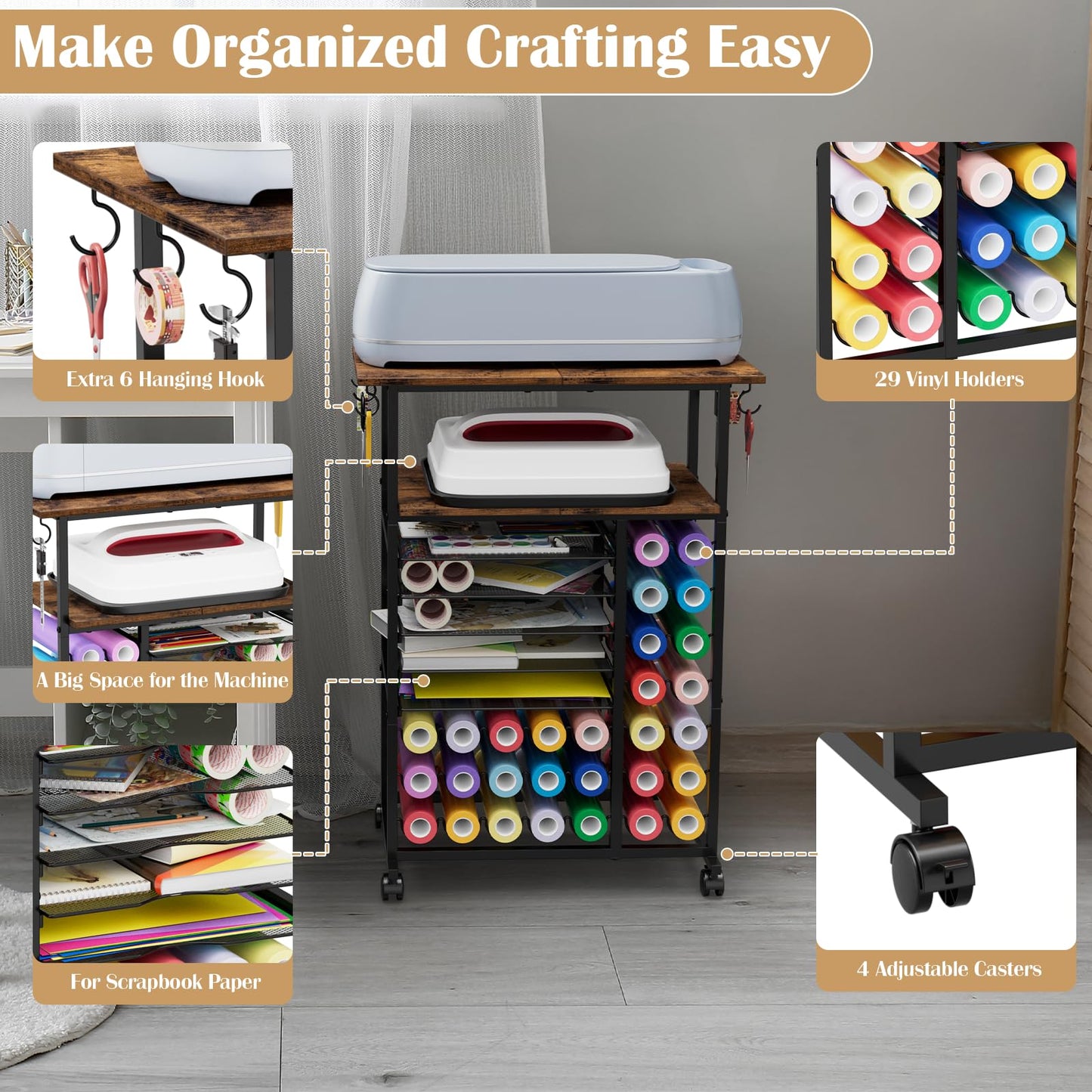 Craft Organizers and Storage Compatible with Cricut Machine Rolling Craft Storage Cart with 29 Vinyl Roll Holders & 6 Hooks Crafting Table Organization Workstation for Craft Room Home, Rustic Brown