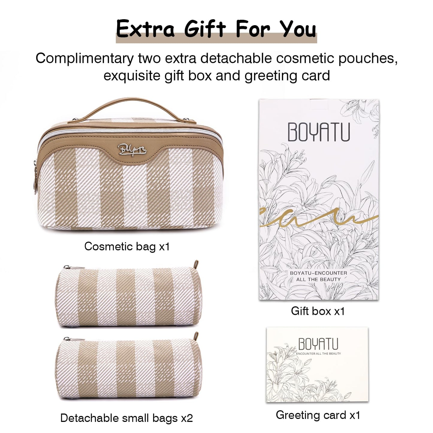 BOYATU Travel Makeup Bag Organizer Cosmetic Bag: 3 Pcs Set Make up Bags for Women with Handle - Waterproof Vegan Leather Toiletry Bags Travel Essentials Pouch with Compartments (F-04-Brown)