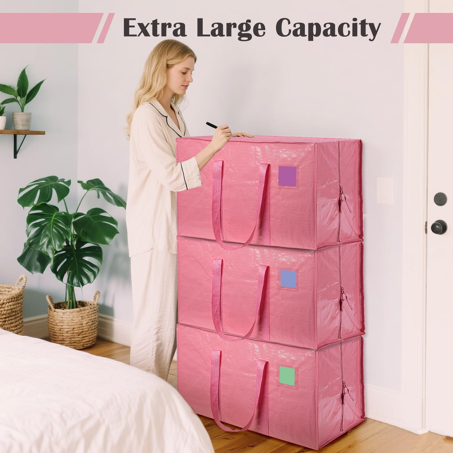 RMOHRO 6 Pack Moving Bags with Full-Open Side Zipper, Extra Large 93L Heavy Duty Waterproof Foldable Storage Totes for College Dorm, Moving & Home Organization Pink