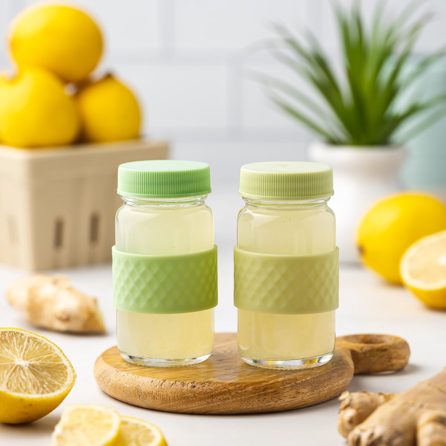 Glass Juice Shot Bottles with Caps, Clear, 2oz, Colored Lids & Silicone Grip Bands, Beverage Storage, Juicing, Turmeric & Ginger Shot Bottles