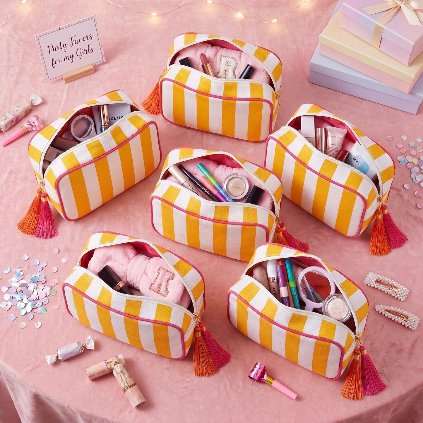 Kacctyen 6 Pack Orange and White Striped Makeup Bag bulk with Tassel Travel Cosmetic Pouch Organizer Large Zipper Toiletry Case for Women Aesthetic Storage Pouch Mahjong Tile Bag