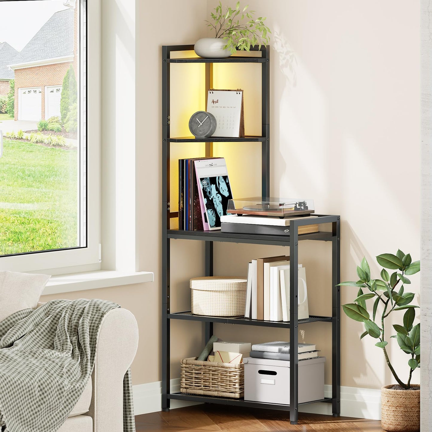 HOOBRO 5-Tier Corner Shelf Stand, Corner Shelf with LED Light, 56.3" Tall Corner Bookshelf, Display Rack Storage Organizer with Table, for Small Spaces, Living Room, Entryway, Black BB69DCJ01