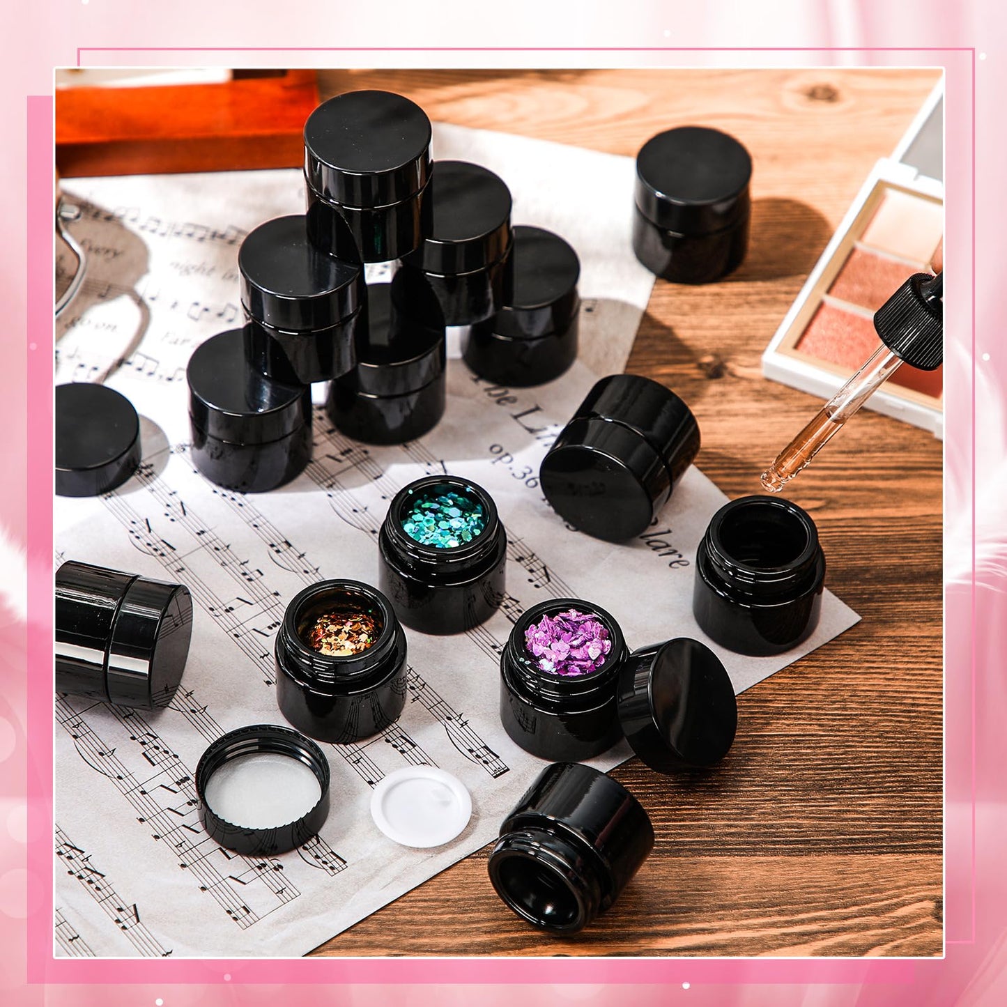 Norme 140 Pack 10 ml Glass Cosmetic Jars with Lids, Bulk Empty Refillable Sample Jars for Lip Balm, Cream, Lotion, Travel Jar for Creams, Inner Liner, Wide Mouth(Black,Plastic)