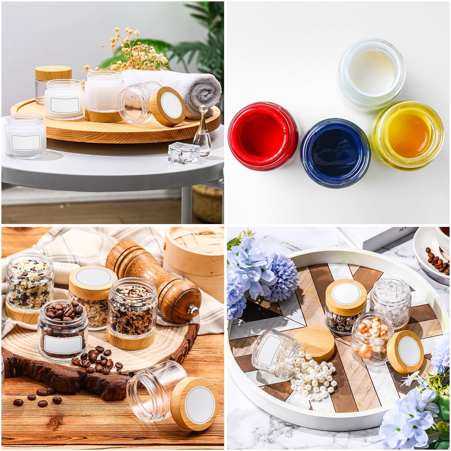 Layhit 2 oz Glass Jars with Lids, 24 Pack Clear Glass Jars with Woodgrain Lids Empty Cosmetic Containers Round Airtight Jar with Inner Liners, Labels and Lid for Storing Lotions Powders and Ointments