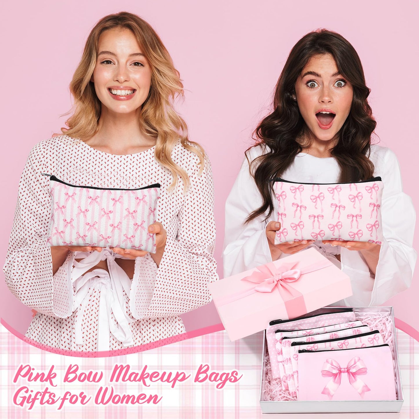 Reginary 20 Pcs Makeup Bags Gifts for Women Canvas Cosmetic Bags with Zipper Bulk Gift for Women Travel Purse Organizer Pouch Accessory, Toiletry Large Capacity, 7 x 4.3 Inch(Pink Bow)