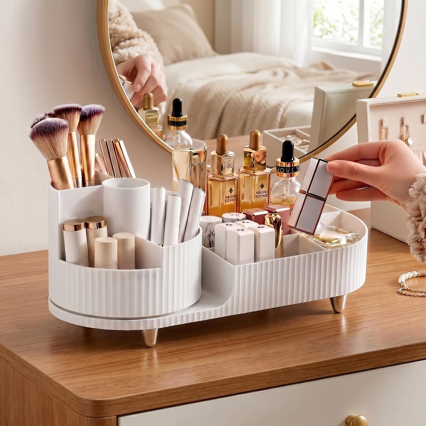 Booklov Rotating Makeup Caddy Organizer for Vanity, Large Capacity Cosmetic Display Case, Countertop Beauty Storage Holder for Skincare, Brush Eyeshadow Lipstick, Counter Desk Organization, White