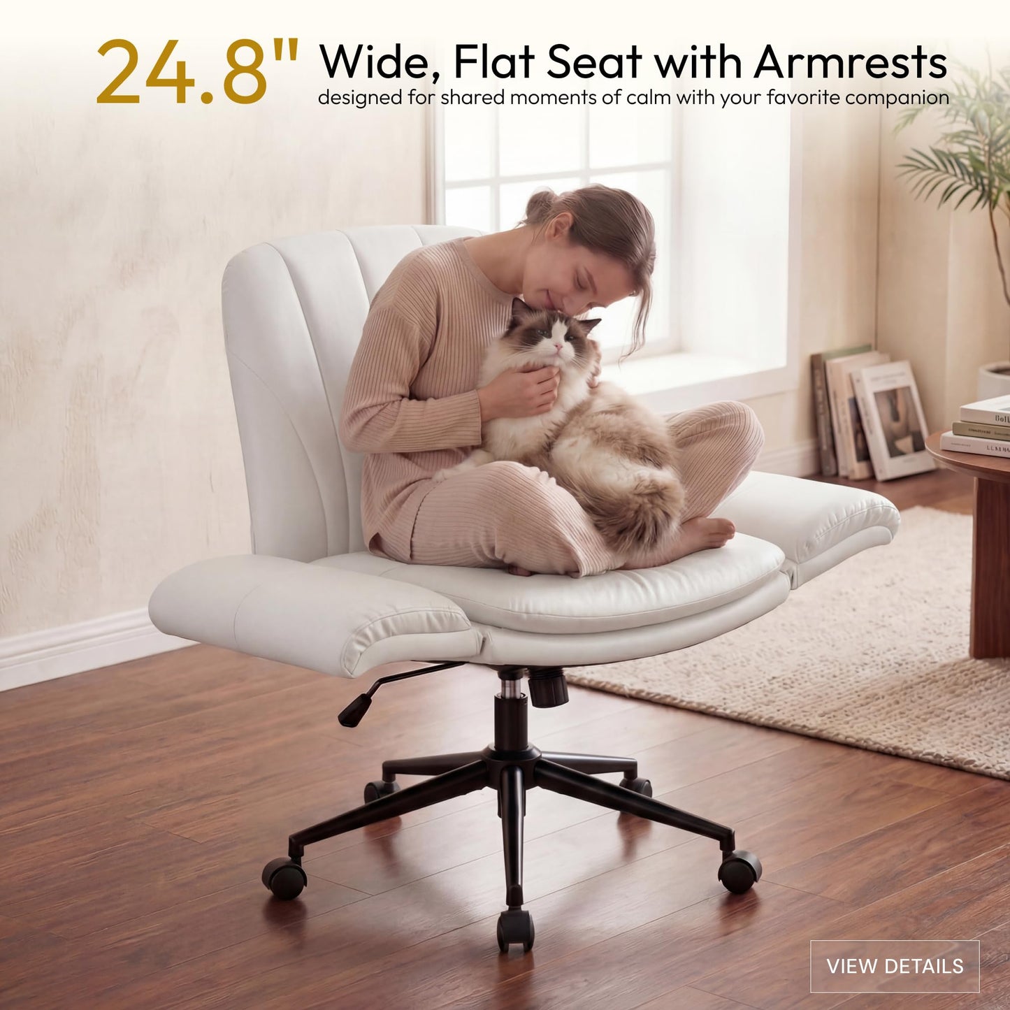 Dowinx Criss Cross Chair with Five-Level Adjustable Arms and Wheels - Comfortable Ergonomic PU Leather Swivel Vanity Chair - Computer Makeup Gaming Chair for Home Office, Bedroom, Vanity Room (Beide)
