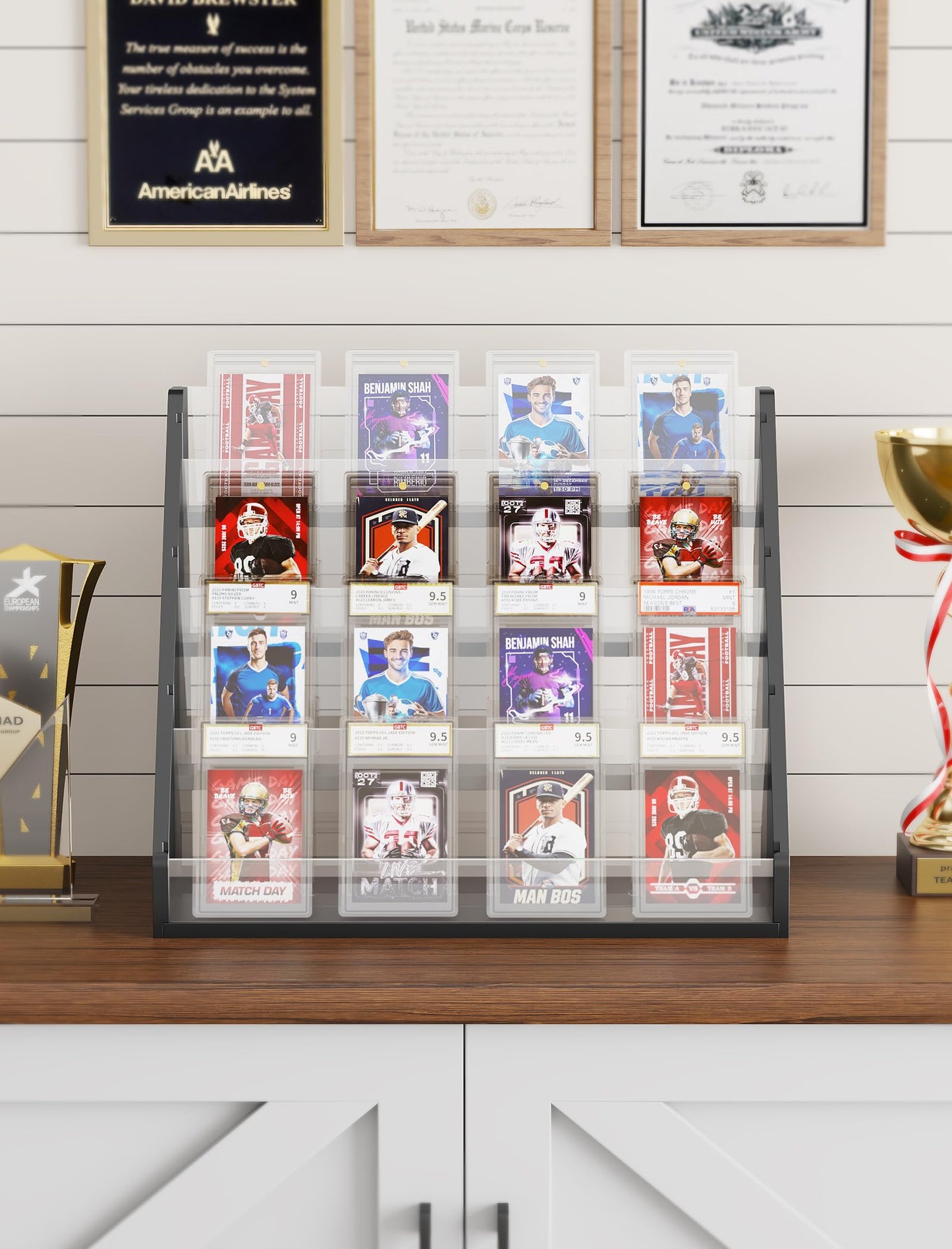 NiHome Pine Wood and Acrylic Trading Card Display Stand, 4-Tier Stepped Holder Compatible with PSA CGC BGS Graded Slabs or 35PT Cards, Stackable Tool-Free Card Organizer for Desk and Shelf