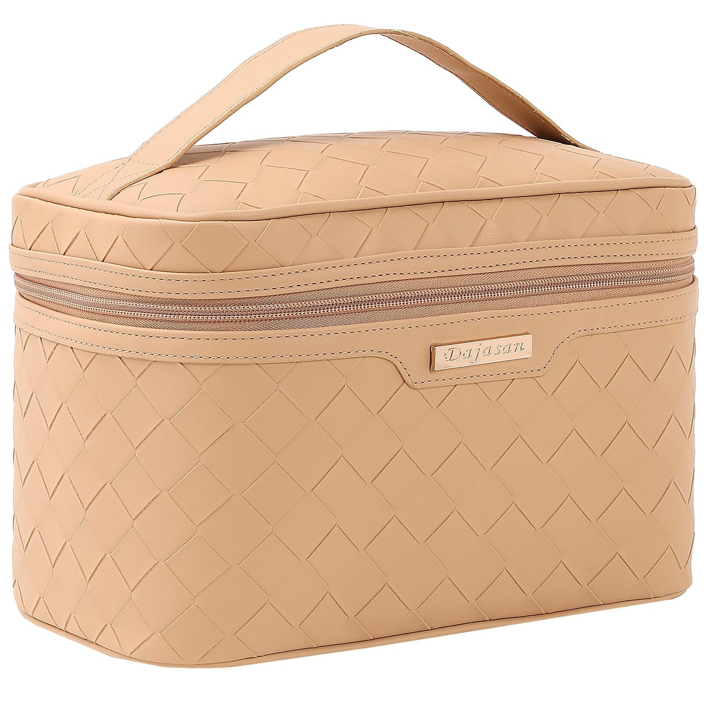 Dajasan Makeup Bag Cosmetic Bag, Travel Makeup Bag, Large Capacity Makeup Organizer Bag, Portable Travel Toiletry Bag for Women Girls, PU Leather Waterproof 11.81 x 6.7 x 7.09 Inch (Khaki)