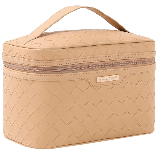 Dajasan Makeup Bag Cosmetic Bag, Travel Makeup Bag, Large Capacity Makeup Organizer Bag, Portable Travel Toiletry Bag for Women Girls, PU Leather Waterproof 11.81 x 6.7 x 7.09 Inch (Khaki)