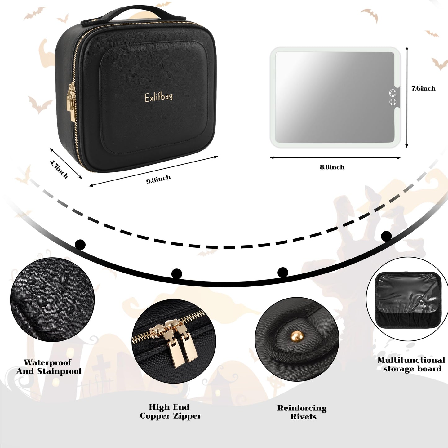 EXLIFBAG Makeup Bag with Led Mirror, Portable Travel Makeup Bag Organizer, Cosmetic Bag (Black)