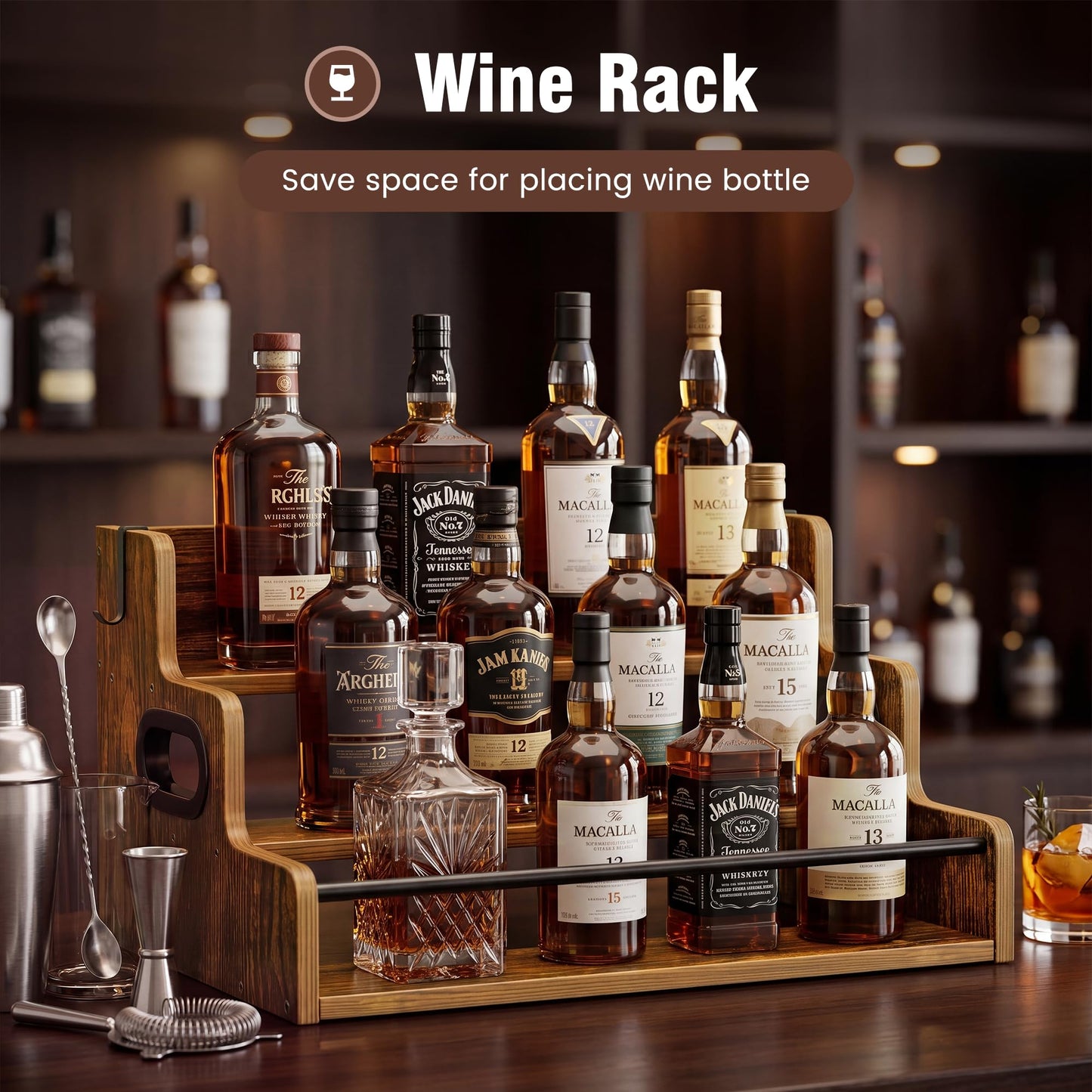 YOUDENOVA Liquor Bottle Display Shelf, Tabletop Wine Rack, 3-Tier Countertop Liquor Wine Rack for Liquor Whiskey, Coffee Syrup Rack Organizer and Home Bar Storage