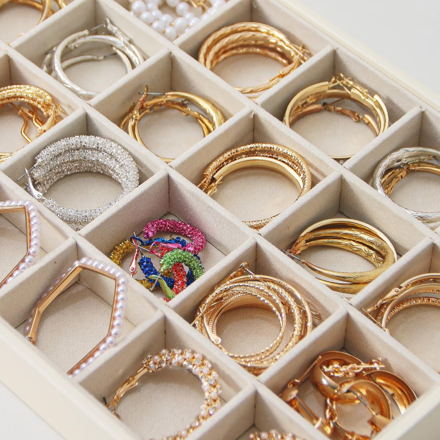 Ausalivan Stackable Jewelry Organizer Tray For Drawers,White Leather Small Earring Storage Tray,Bracelet And Necklace Display Box,Jewelry Ring Display Case (24 Grids)