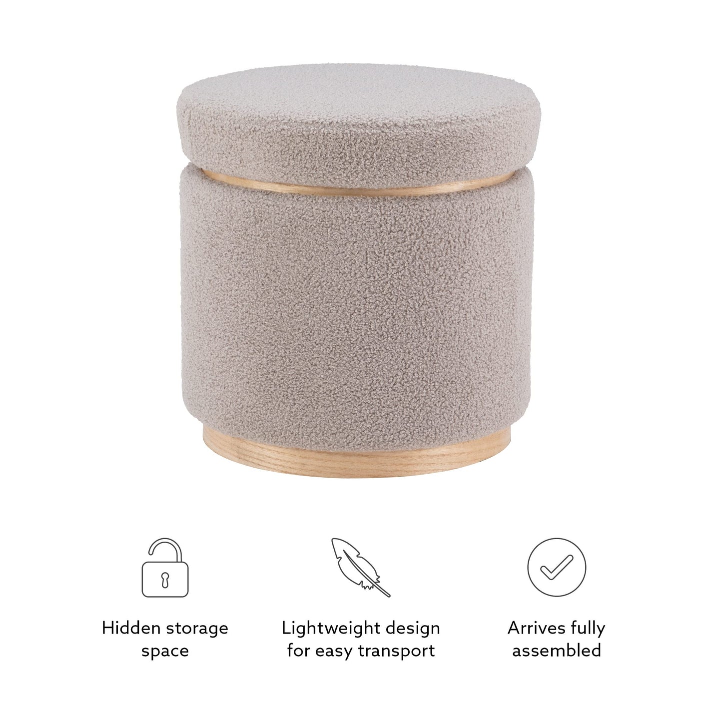 Linon Lexington Grey Sherpa Round Storage Ottoman with Wood Accent