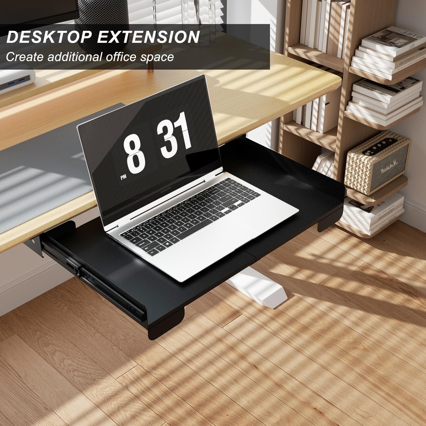 Gaxomo 20 Inch Under Desk Mounted Sliding Loptop Drawer, Desktop Extension Pull-Out Laptop Tray for Office Desk, Extra Storage Organizer for Sit Stand Workstation