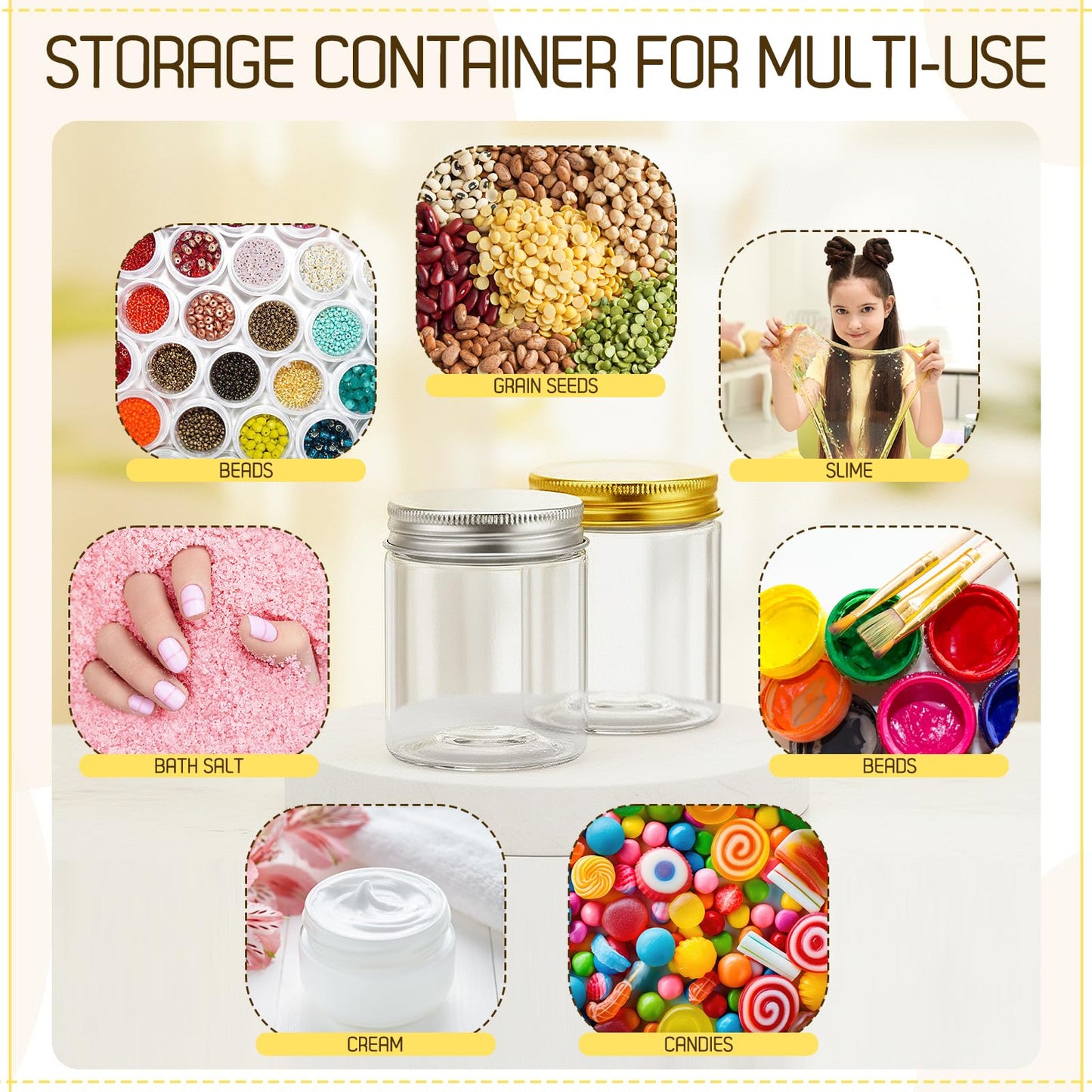 Meanplan 100 Pcs 4 oz Plastic Jars with Lid Mini Mason Jars with Lids Clear Round Cosmetic Container for Travel Storage, Lotion, Cream, Kitchen Use, DIY Crafts(Gold, Silver, Aluminum)