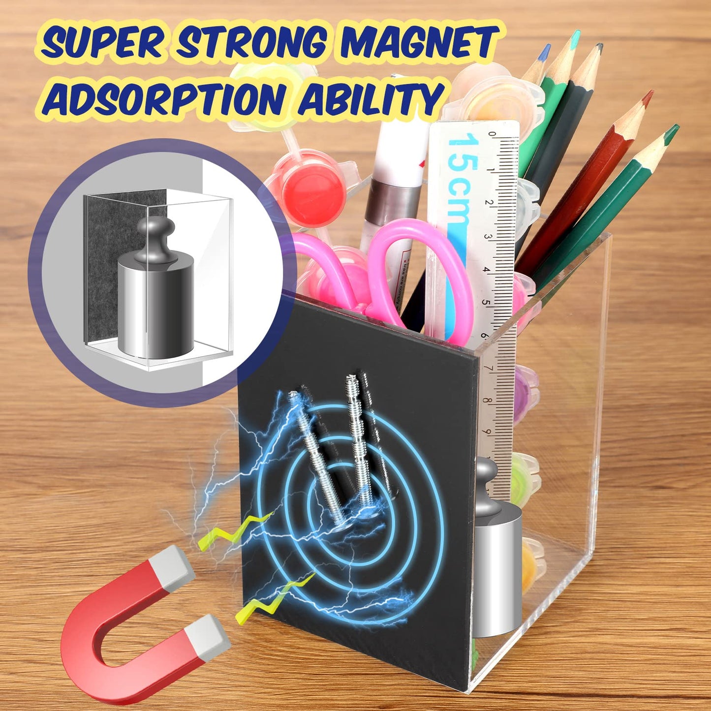 Remerry 2 Pack Back to School Magnetic Pencil Holder, Non-slip Acrylic Magnetic Dry Erase Marker Holder, Clear Makeup Brush Cups, Pen Marker Organizer for Whiteboard Refrigerator Office Classroom