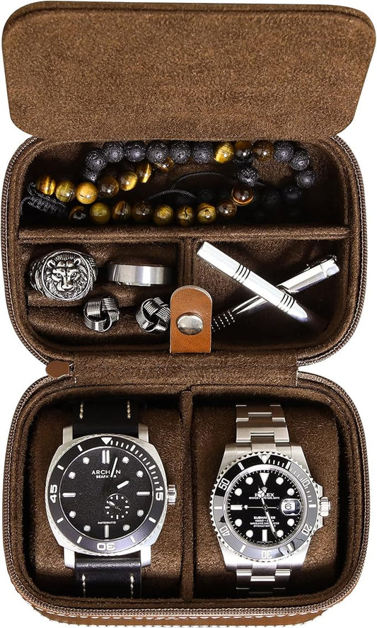 ROTHWELL 2 Watch Travel Case Storage Organizer for 2 Watches | Tough Portable Protection w/Zipper Fits All Wristwatches & Smart Watches Up to 50mm