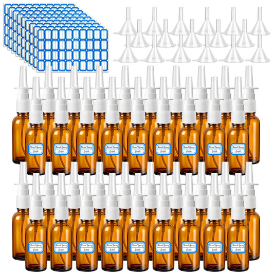 ZHWKMYP 100 Pcs Nasal Spray Bottle, 1OZ/30ML Brown Empty Refillable Nasal Spray Bottles Glass with 20 Funnels and 20 Labels