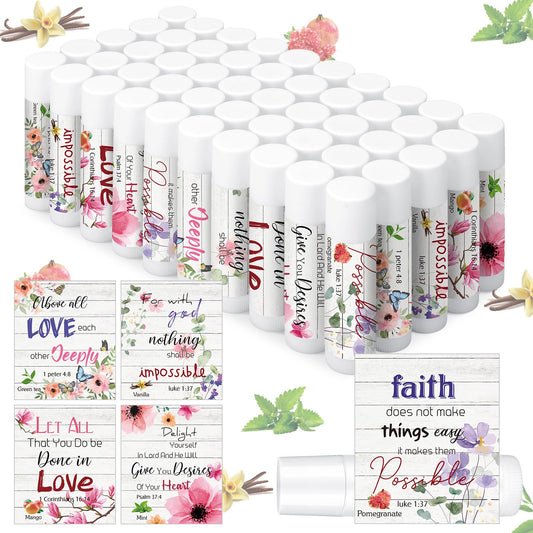 50 Pcs Christian Lip Balm Bulk Religious Bible Verses Lip Balm Christian Faith Gifts for Women Scripture Church Party Favor Inspirational Gift for Sunday School Employee Coworker (Wildflower)