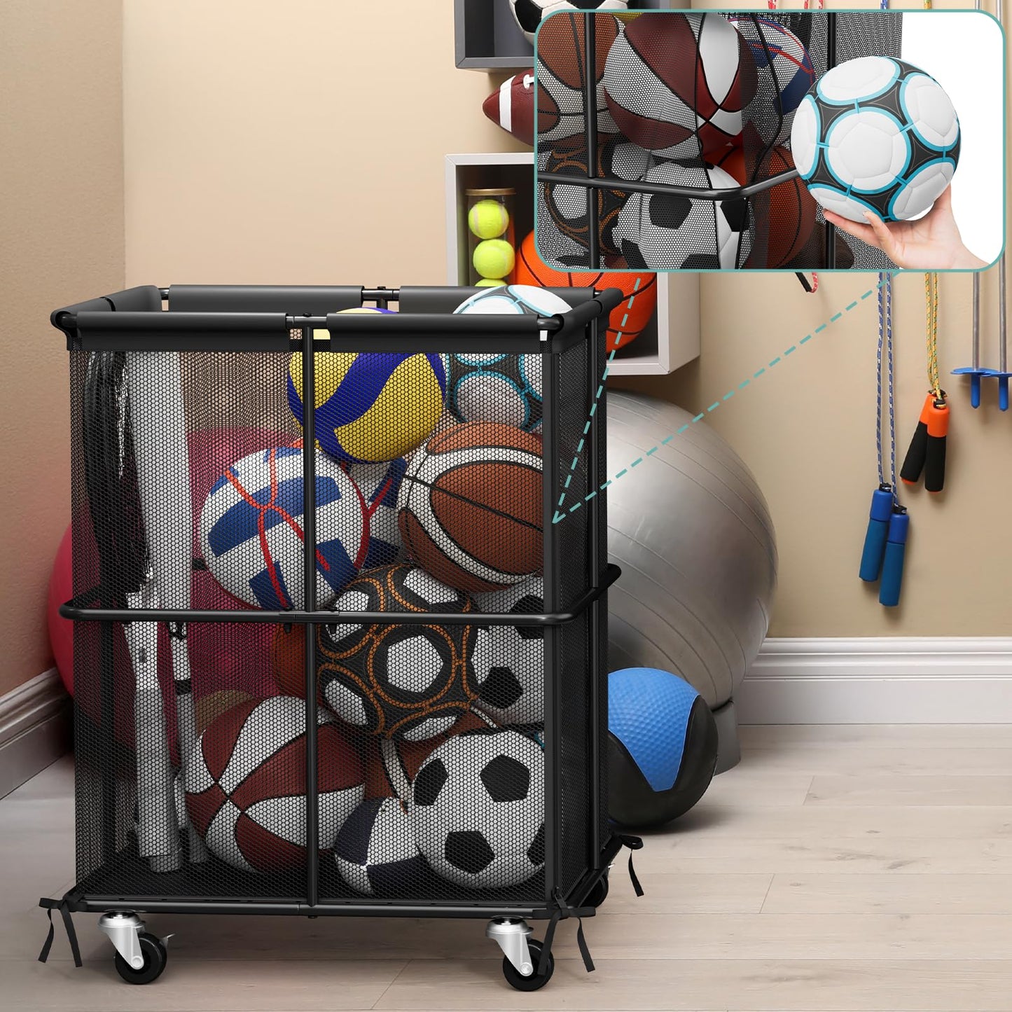 smusei Ball Storage Bin Rolling Sports Ball Storage Cart Garage Sports Equipment Organizer Rack with Wheels Outdoor Basket Ball Cage for Garage, School, Gym, Yoga Room