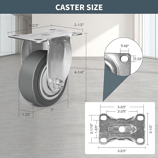 3 Inch Caster Wheels, Rubber Wheels Silent Castor- Set of 4 Heavy Duty Caster Wheels with Brake 1200Lbs, Industrial Plate Casters Wheels for Cart Furniture Workbench (2 Brake & 2 Rigid)