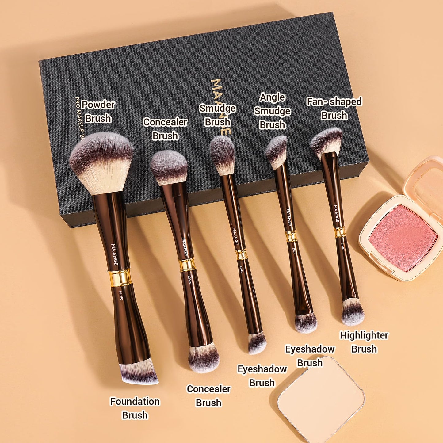 MAANGE Makeup Brush Set Double-ended Kabuki Makeup Brushes For Foundation Contour Liquid Powder Concealer Eye Shadows Cream Cosmetics Blending Blush Makeup Tools (Coffee Brown, 5 PCS)