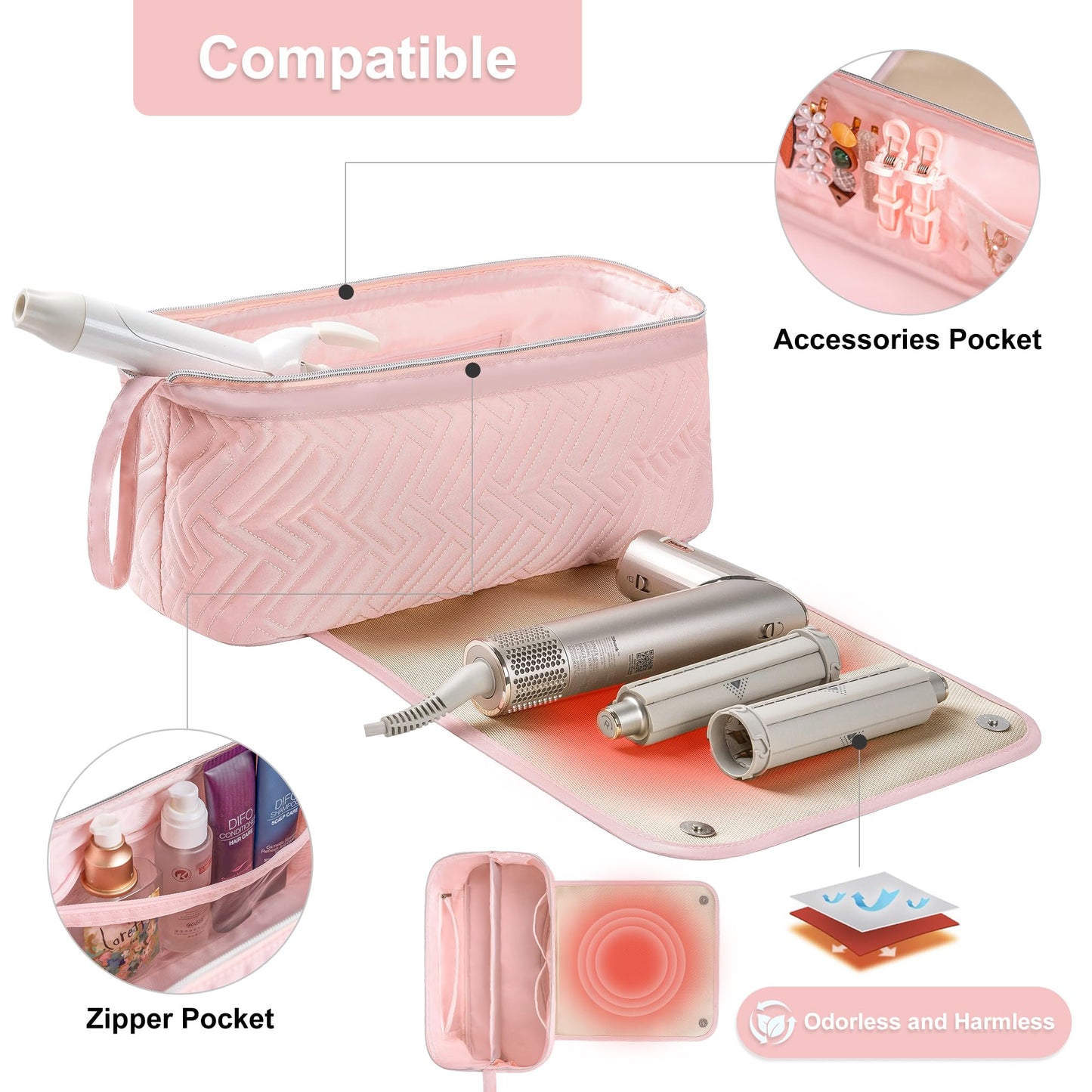 Leudes Hair Tools Travel Bag for Women Heat Resistant Mat for Travel Essentials Hot Tools Straighteners,Flat Irons,Curling Iron,Hot Air Brushes and Hair Dryer Organizer Bags 2 in 1(Pink)