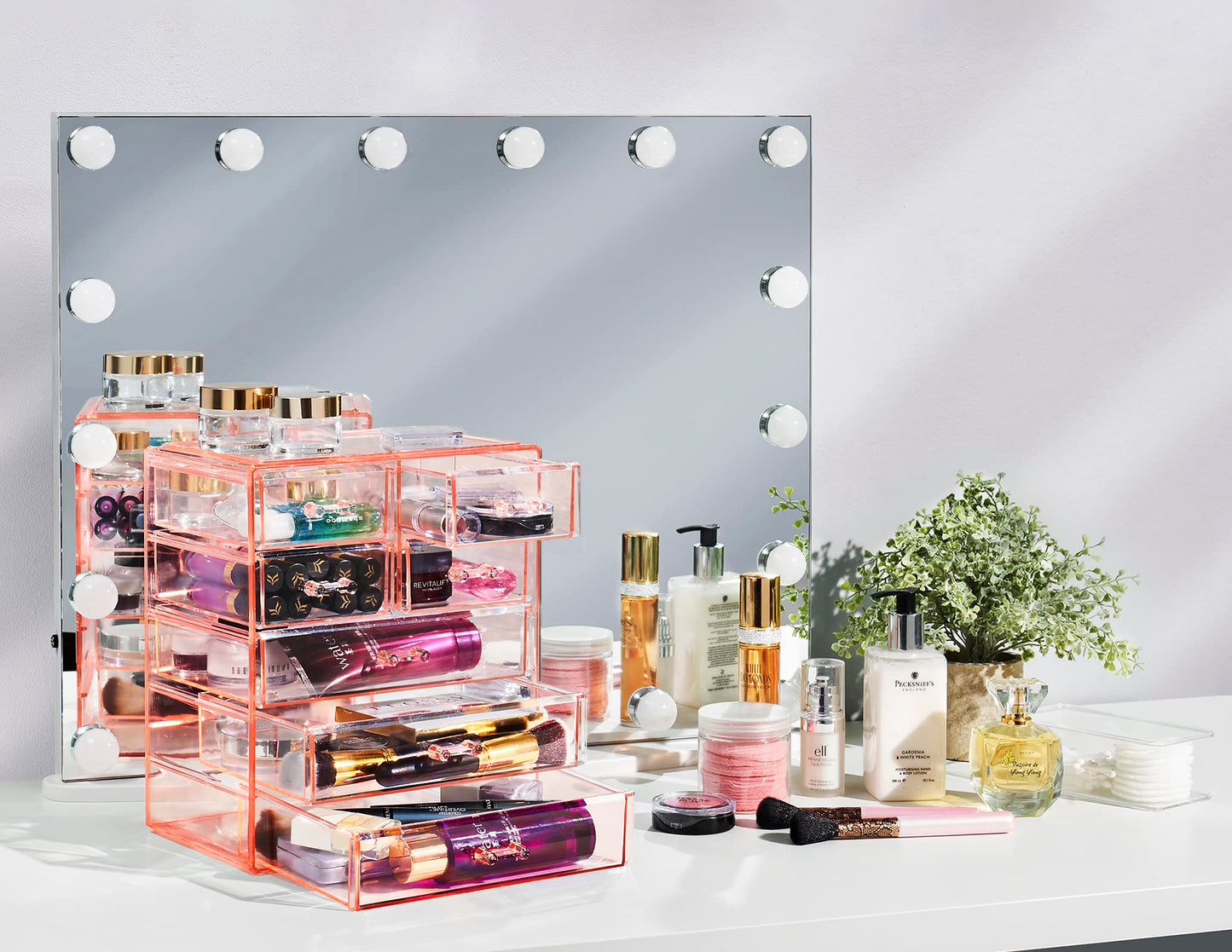 Sorbus Acrylic Makeup Organizer Set, 7-Drawer Vanity & Countertop Cosmetic Storage with Small & Wide Drawers, Pink Makeup Storage for Brushes, Lipsticks, Jewelry – Holiday Gift for Women & Teens