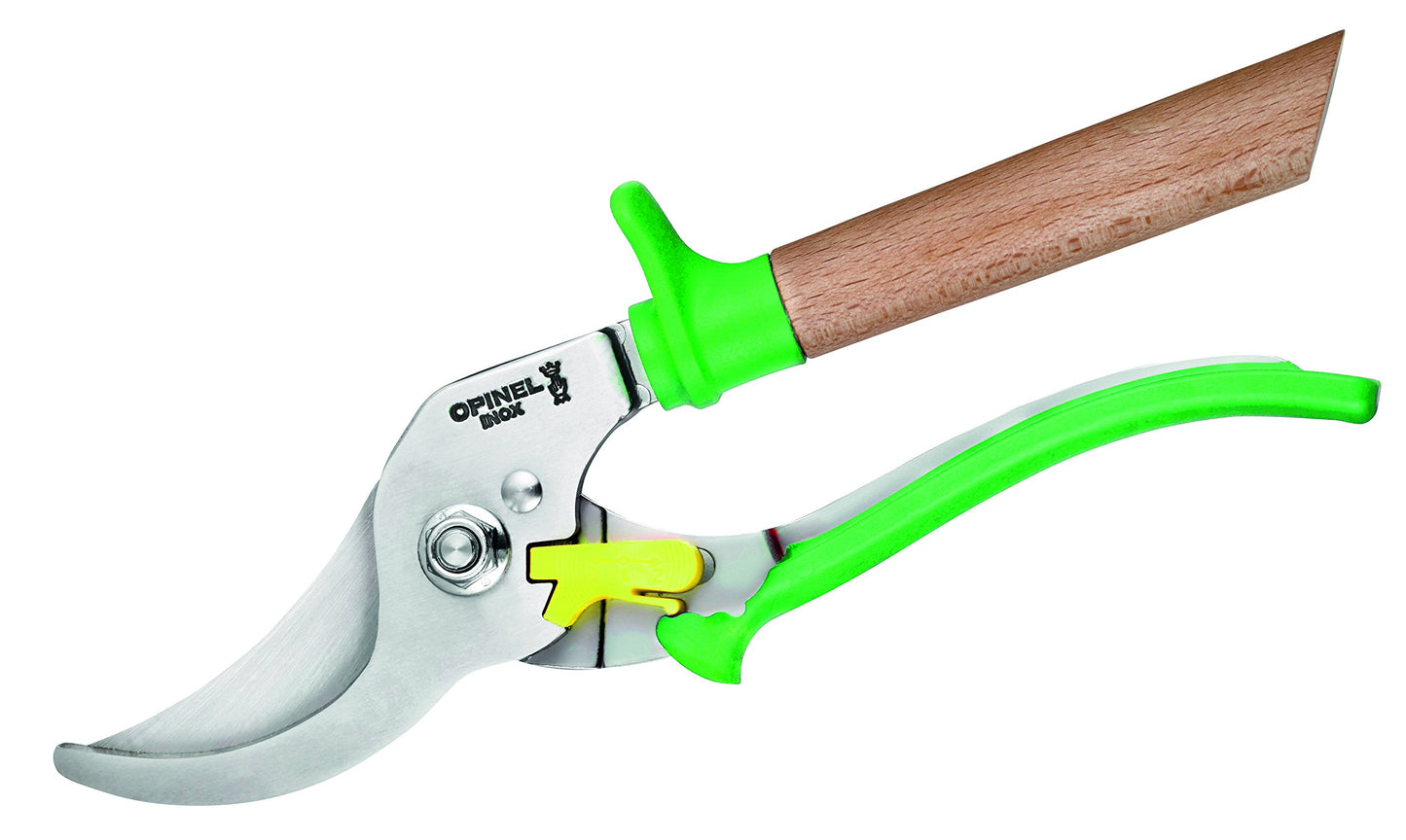 Opinel Hand Pruning Shears with non-slip beech wood handle perfect for bypass trimmers, garden, hedge, lawn clippers or hand scissors with stainless steel blade (Green)
