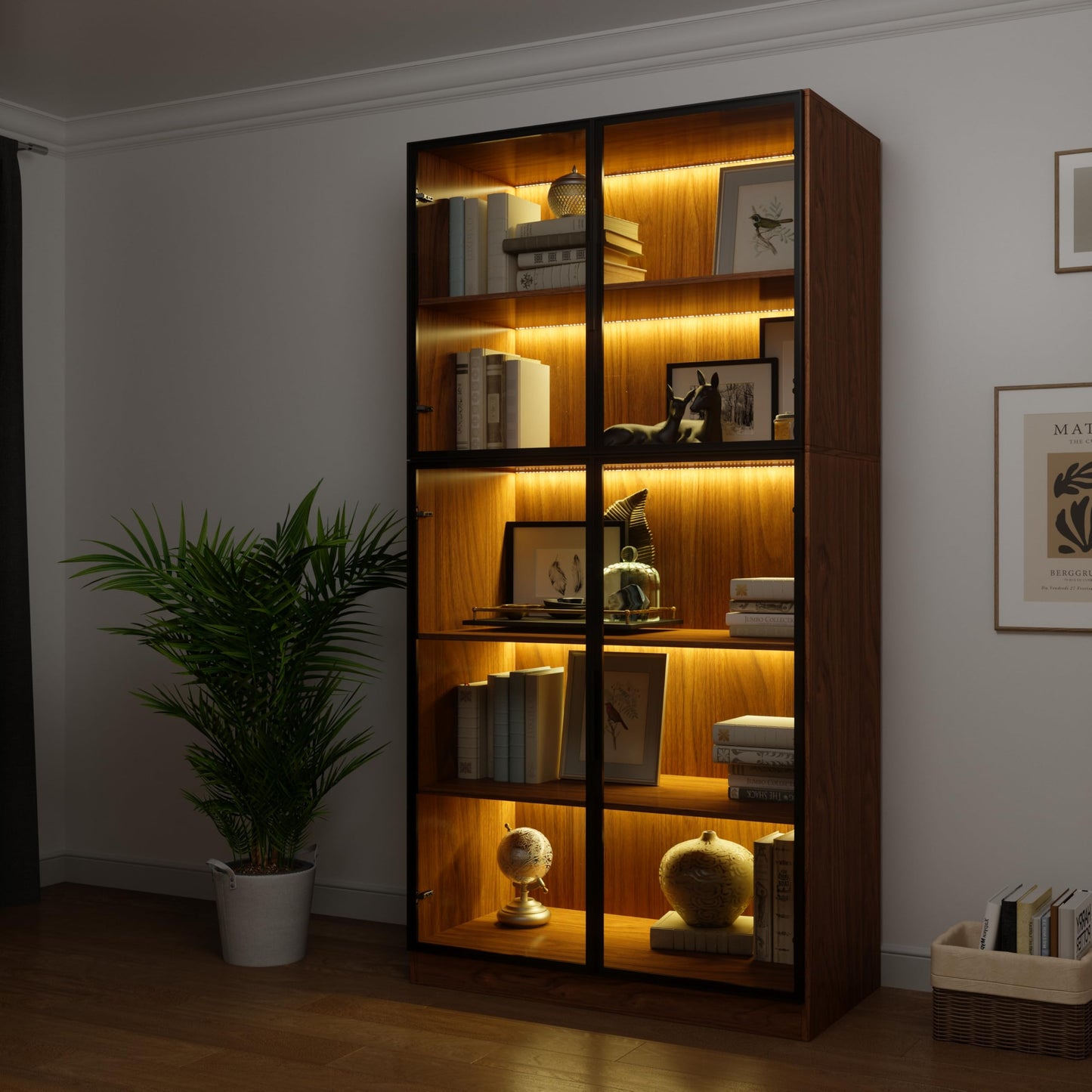 Bobve 78.7" Display Cabinet with 4 Glass Doors,5 -Tier Storage Cabinet with APP Control LED Lights,Tall Walnut Bookcase with Storage,Wooden Display Case for Collectible,Living Room,Office (Walnut)