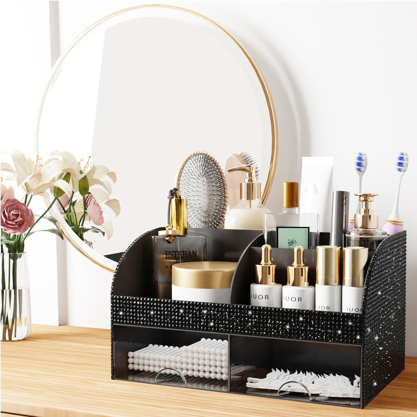 Bling Makeup Organizer with Drawers, Cosmetic Storage for Dresser Vanity and Bathroom Countertop, Beauty Holder for Lipstick Brush, Skincare Organizer for Vanity, Cosmetic Display Case Bling Black