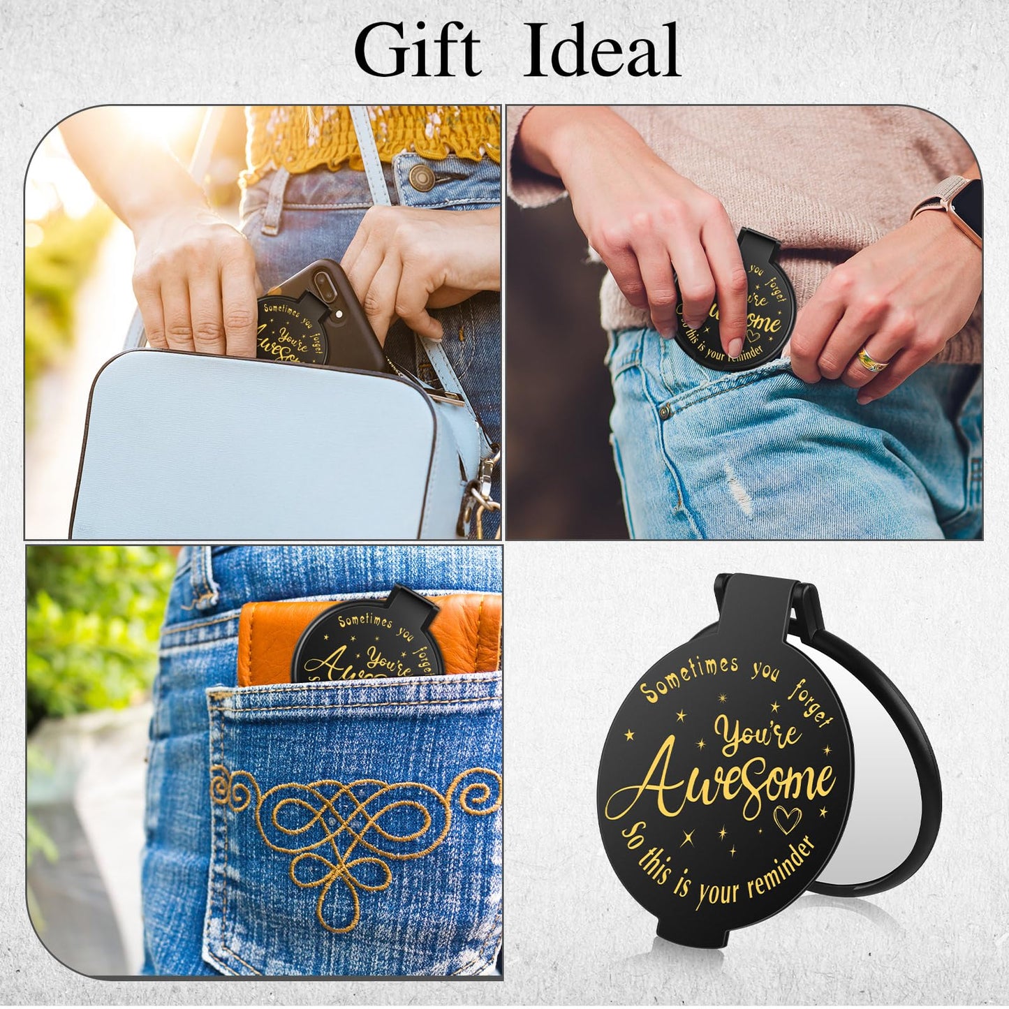 Huwena 100 Pcs Inspirational Compact Mirror Bulk Mini Gifts Women Round Purse Pocket Mirror, Mothers Day Employee Appreciation Gifts, Wedding Party Favors for Guests(Black,Awesome)