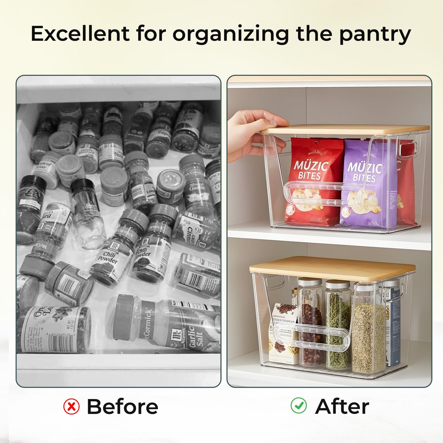 2 Set Pantry organizers and Storage,Trash Bag Holder Under sink Organizer for 4-13 Gal Bags,Trash Bag Dispenser with Bamboo Lids and Stackable Clear Bins for Potato, Onion, Garlic, Fruit, Vegetables