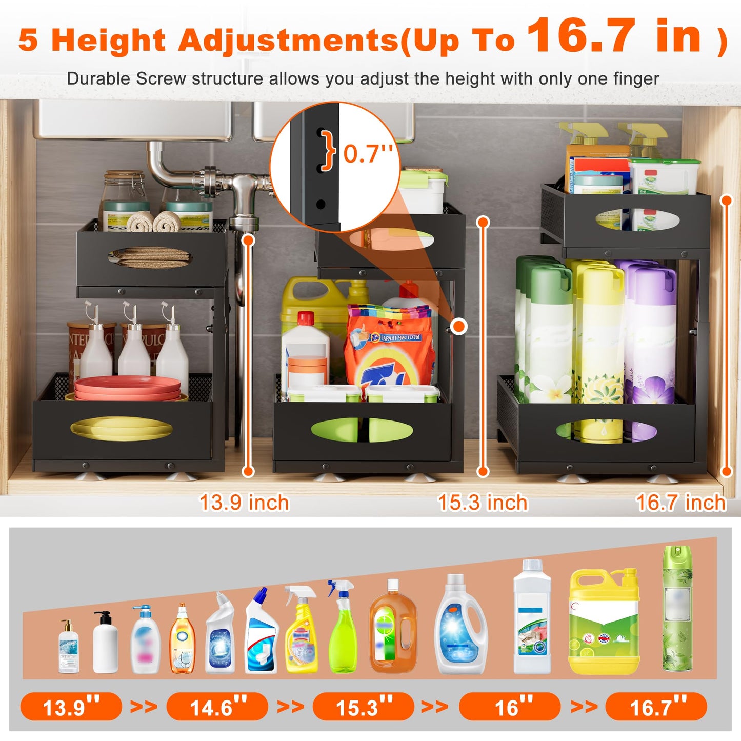 Under Sink Organizer, 2 Packs 2 Tier Under Sink Organizers and Storage, Slide Out Pull Out Cabinet Organizer Shelf, Metal Sliding Drawer for Kitchen Bathroom Pantry Cabinet Closet Organization Rack