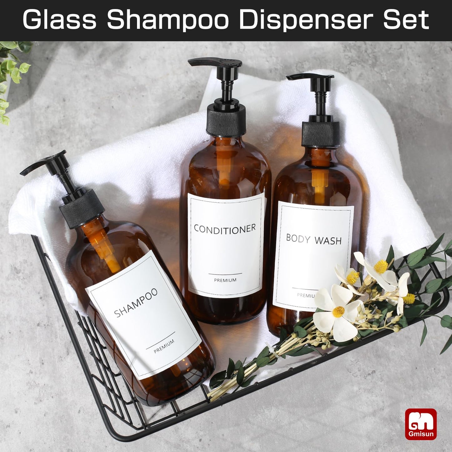 GMISUN Glass Shampoo and Conditioner Dispenser with Silicone Boot, Shower Soap Dispenser Bottles with Labels, Refillable Shampoo Conditioner Body Wash Dispensers