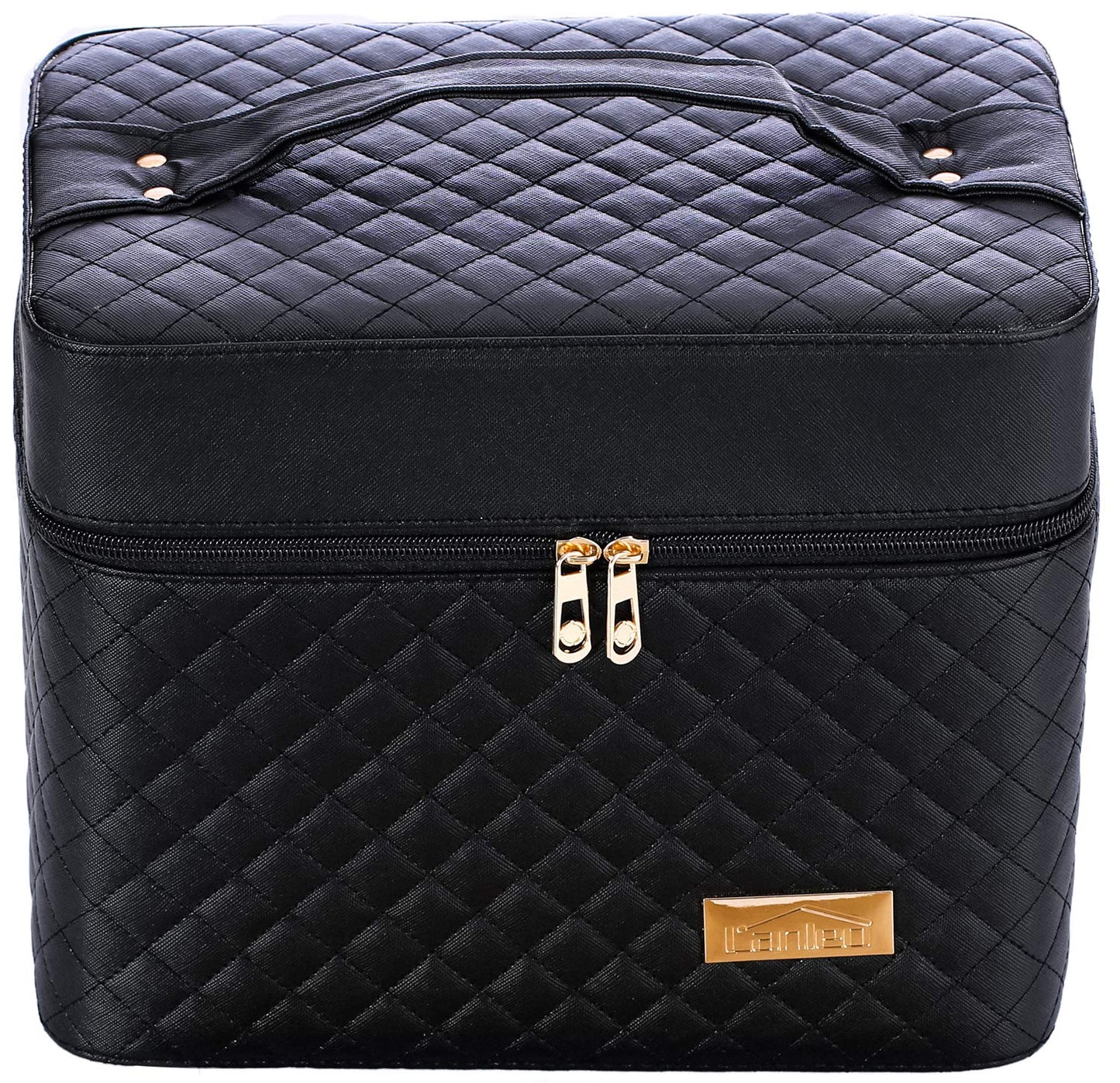 Sooyee Makeup Bag Cosmetic Bag with Mirror, 4 Layer Foldable Tray Makeup Organizer Open to the Sides, Makeup Travel Bag for Women, Train Case, Black