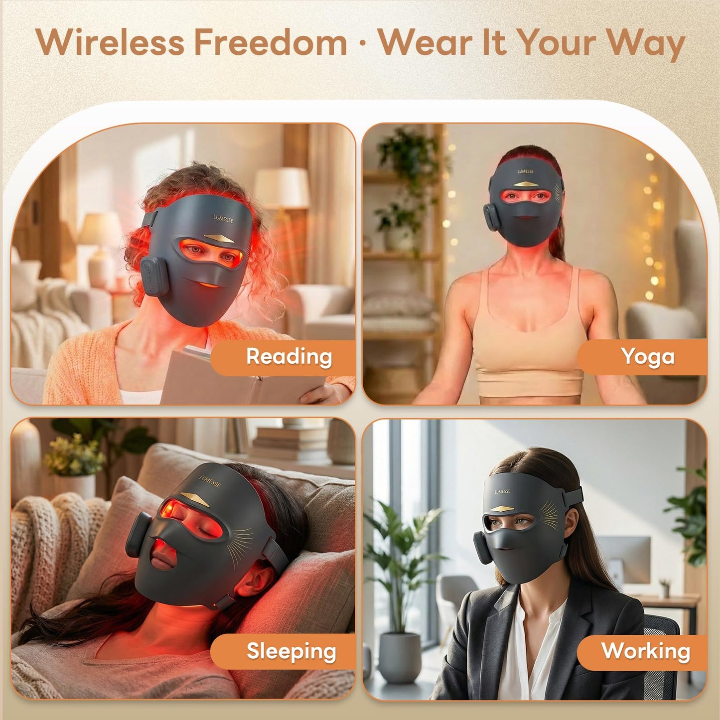 Lumesse 3D red Light Therapy for face, LED Face Mask Black Wireless Silicone Infrared Light Therapy mask, Portable Skincare Gadget for Home Travel Gym, Adjustable Strap, 4 Levels Skincare Device