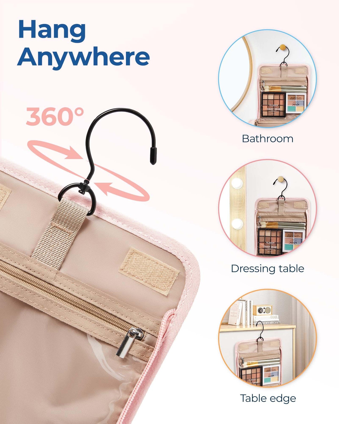 BAGSMART Travel Toiletry Bag, Large Capacity Cosmetic Bags for Women with Hanging Hook, Water-resistant for Toiletries Accessories Brushes Sponge, With Handle